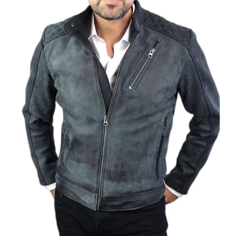 Men's Vintage Stand Collar Zip-Up Leather Jacket 20050701U sold by Manly