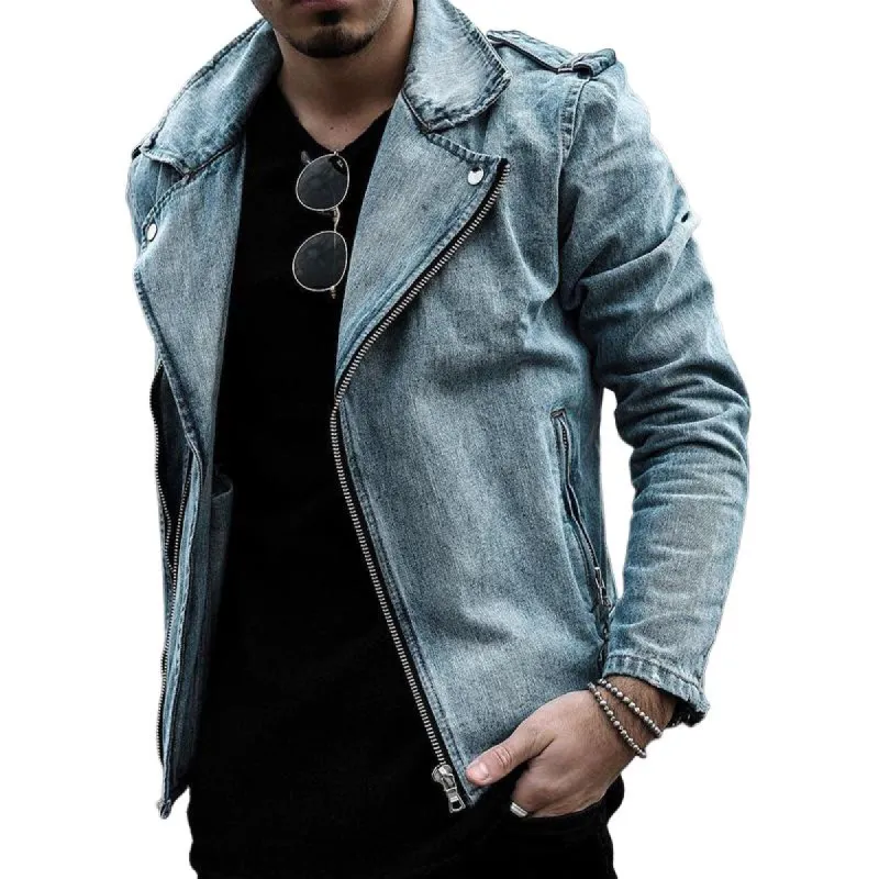 Men's Vintage Notched Lapel Washed Denim Jacket 62235278U sold by Manly