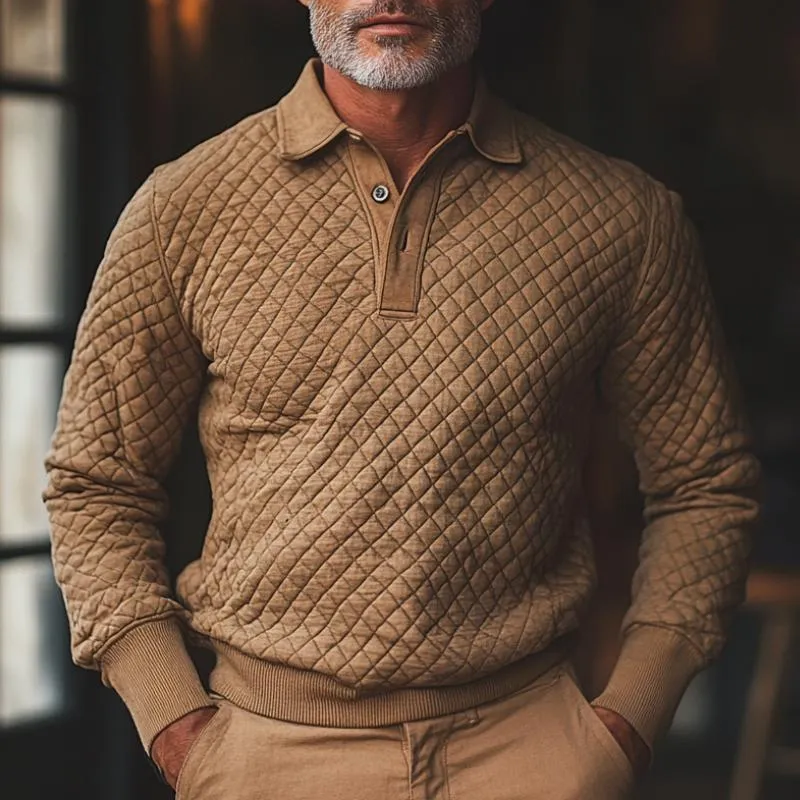 Men's Vintage Quilted Padded Long Sleeve Warm POLO Shirt 71235144F sold by Manly product image thumbnail 2