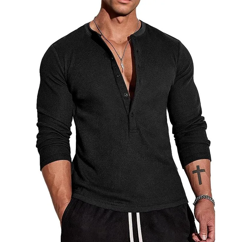 Men's Solid Color Waffle Henley Collar Long Sleeve T-shirt 85946584Z sold by Manly