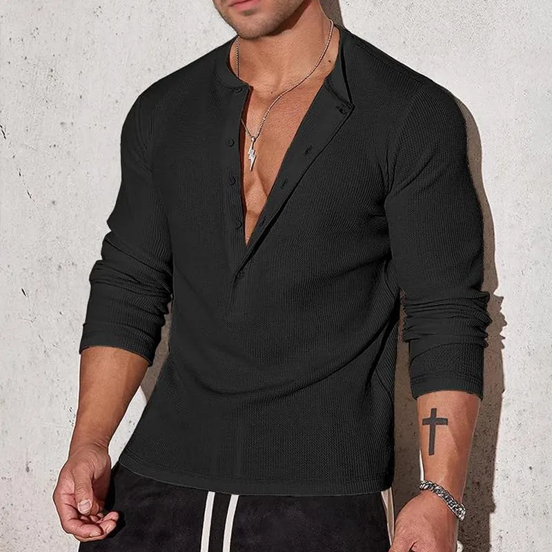 Men's Solid Color Waffle Henley Collar Long Sleeve T-shirt 85946584Z sold by Manly product image thumbnail 2