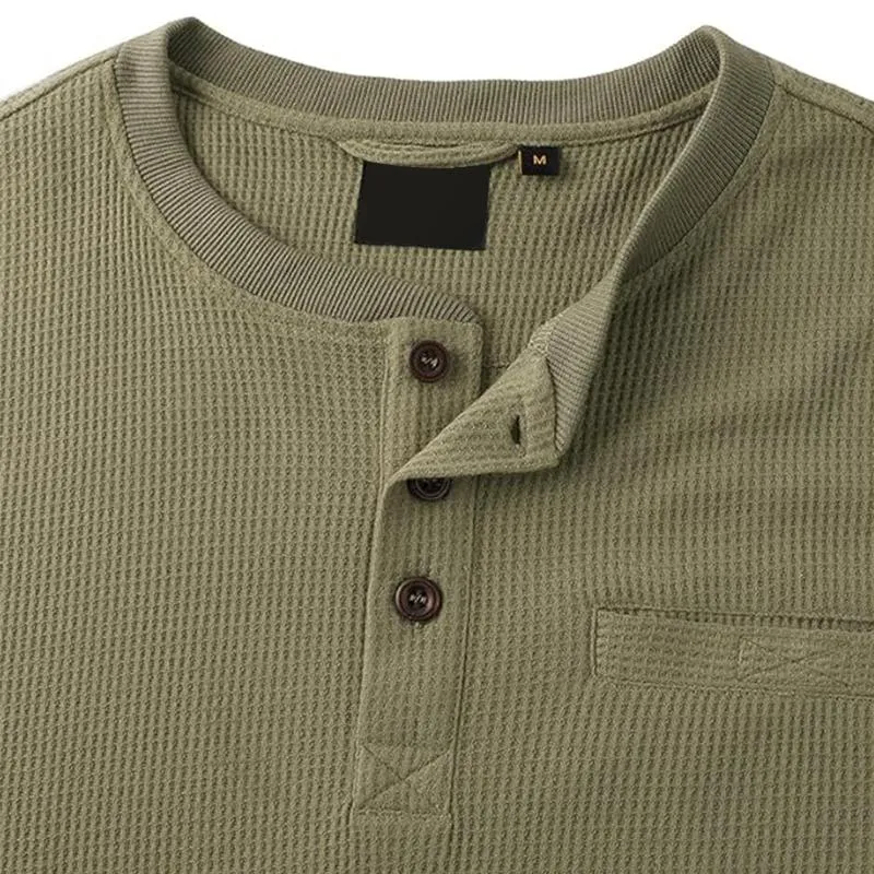 Men's Solid Color Waffle Henley Collar Long Sleeve T-shirt 36264827Z sold by Manly product image thumbnail 2