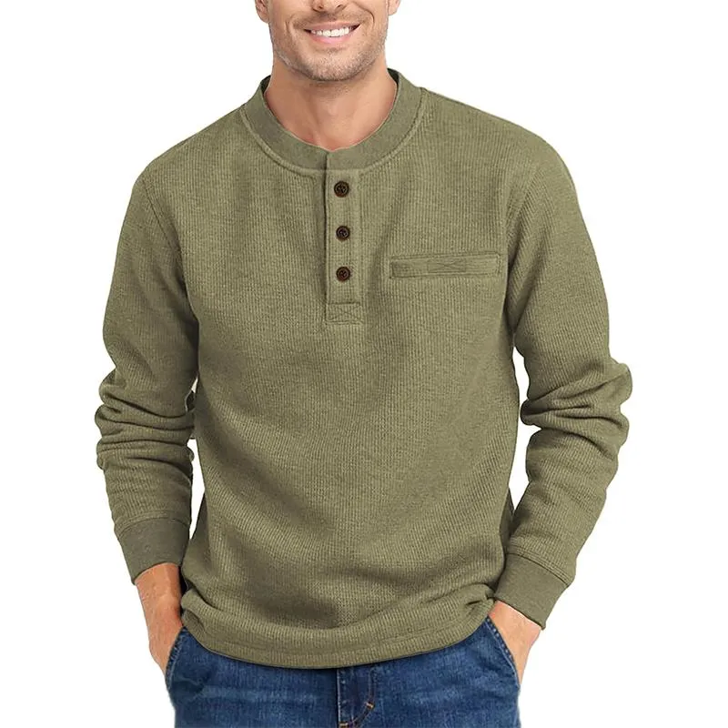 Men's Solid Color Waffle Henley Collar Long Sleeve T-shirt 36264827Z sold by Manly