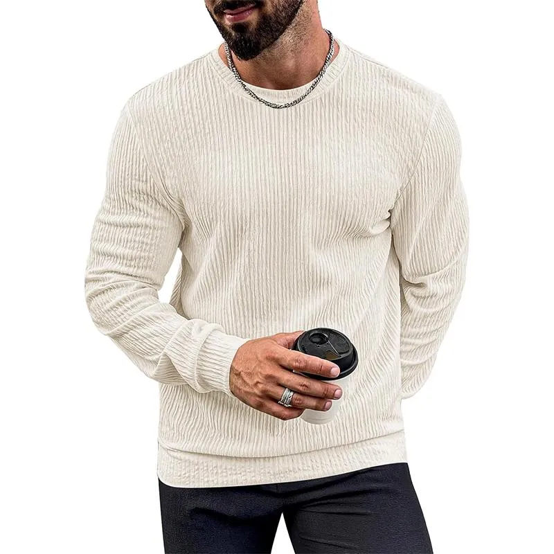 Men's Solid Color Striped Round Neck Long Sleeve T-shirt 61136631Z sold by Manly