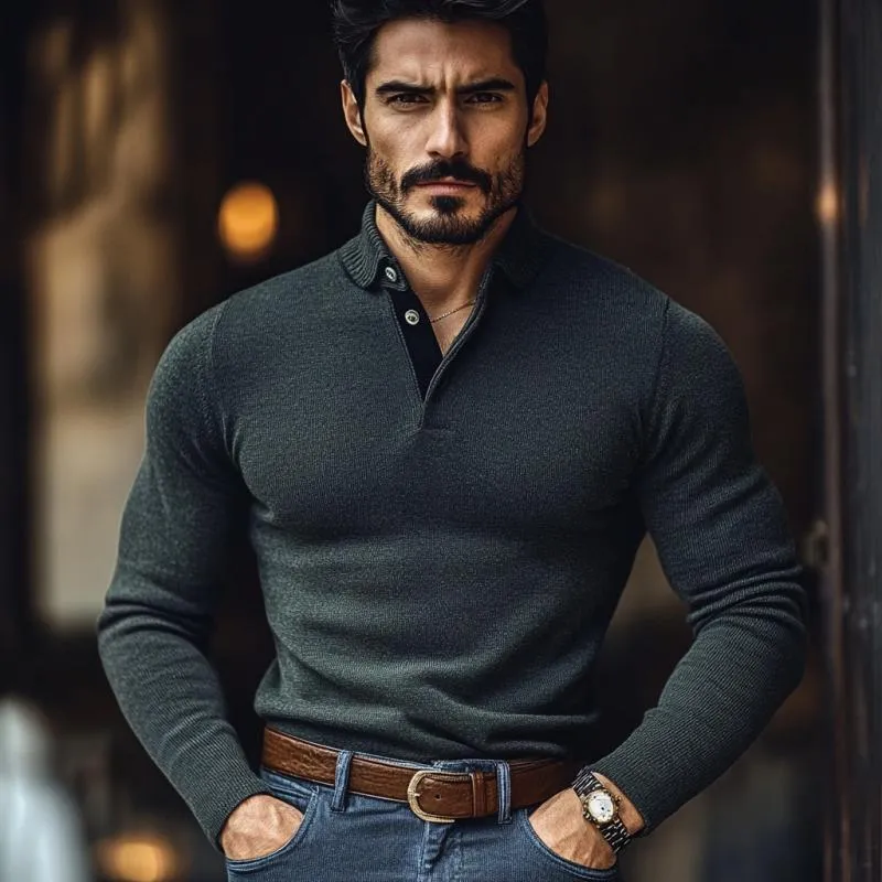 Men's Casual Solid Color Lapel Slim Fit Knit Polo Sweater 88174659M sold by Manly product image thumbnail 3