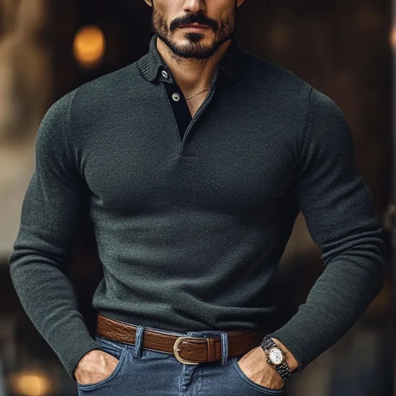 Men's Casual Solid Color Lapel Slim Fit Knit Polo Sweater 88174659M sold by Manly product image thumbnail 2