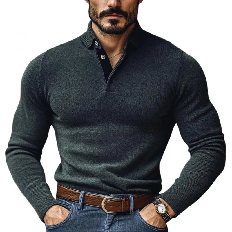 Men's Casual Solid Color Lapel Slim Fit Knit Polo Sweater 88174659M sold by Manly