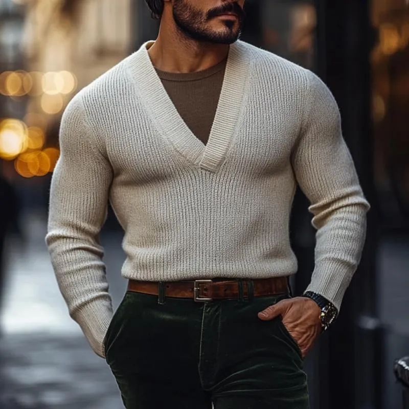 Men's Vintage V-neck Solid Color Slim Fit Knitted Sweater 61736180M sold by Manly product image thumbnail 2