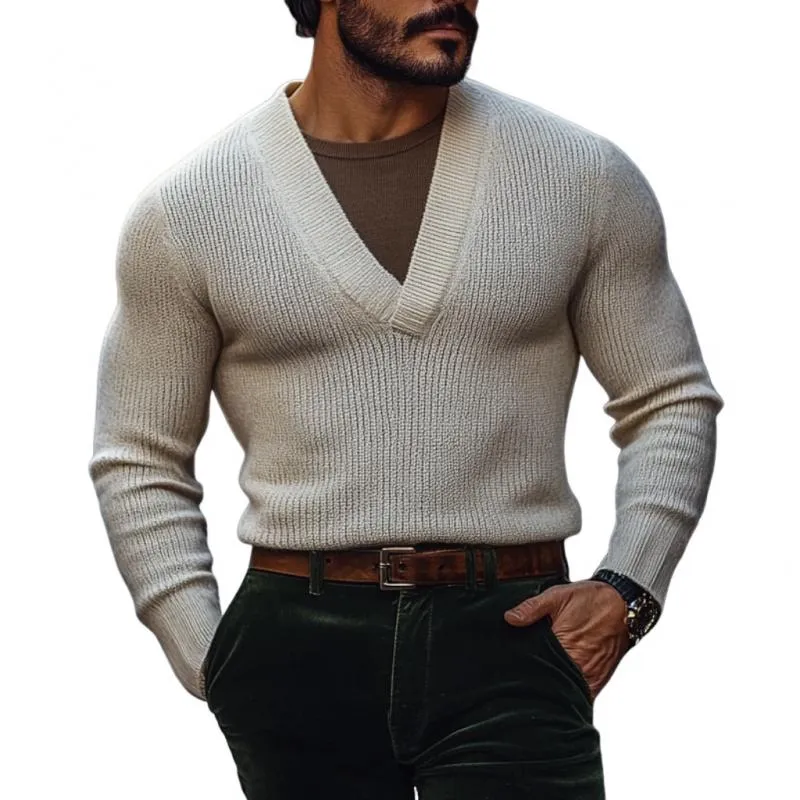 Men's Vintage V-neck Solid Color Slim Fit Knitted Sweater 61736180M sold by Manly