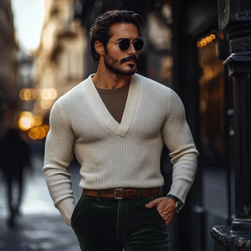 Men's Vintage V-neck Solid Color Slim Fit Knitted Sweater 61736180M sold by Manly product image thumbnail 3