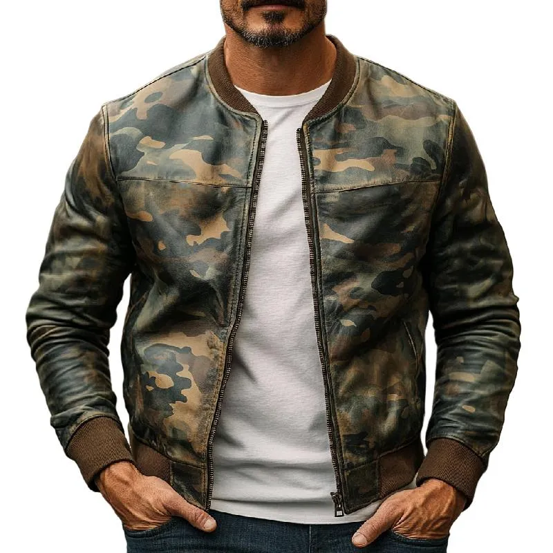 Men's Casual Camouflage Baseball Leather Jacket 26324545F sold by Manly