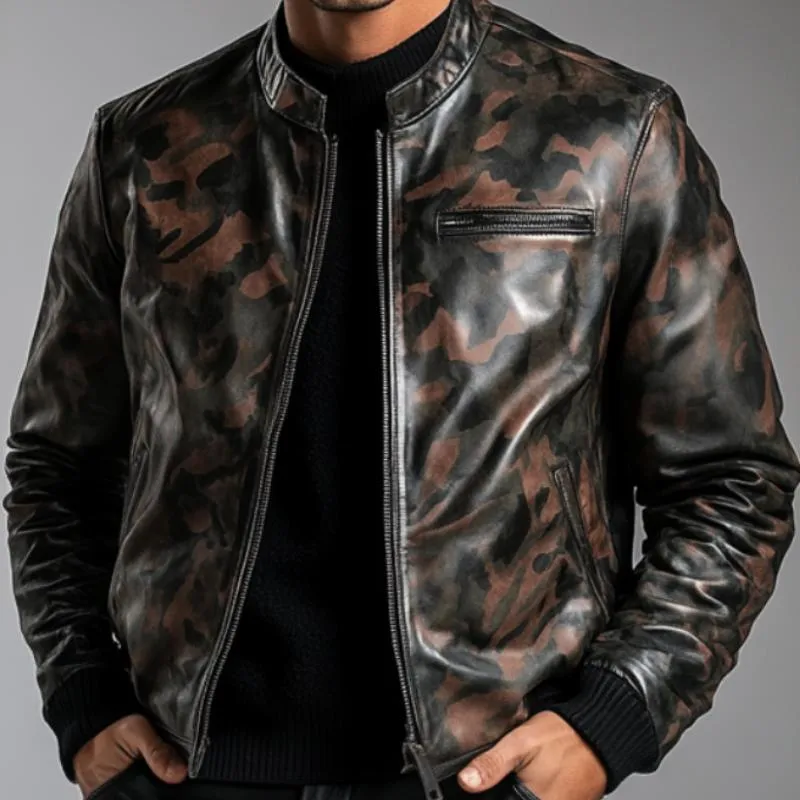 Men's Casual Stand Collar Camouflage Zipper Leather Jacket 39896006F sold by Manly product image thumbnail 3