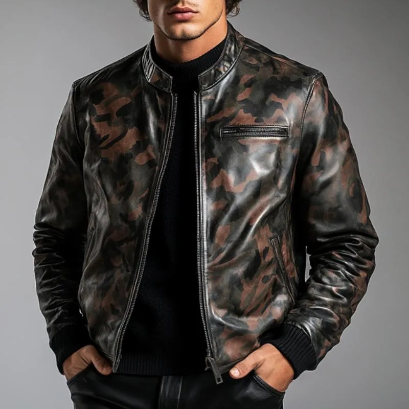 Men's Casual Stand Collar Camouflage Zipper Leather Jacket 39896006F sold by Manly product image thumbnail 2