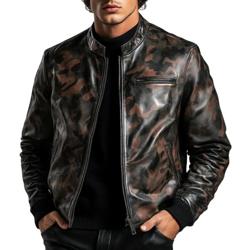 Men's Casual Stand Collar Camouflage Zipper Leather Jacket 39896006F sold by Manly
