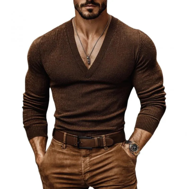 Men's Vintage Deep V Neck Solid Color Slim Fit Knit Sweater 84276541M sold by Manly