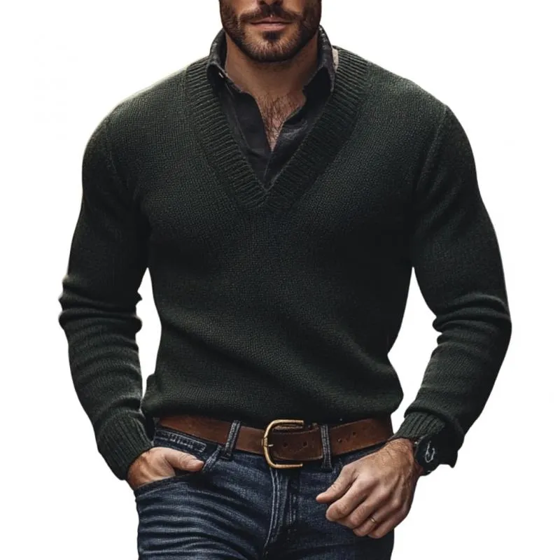 Men's Vintage V Neck Solid Color Loose Knit Sweater 14300728M sold by Manly