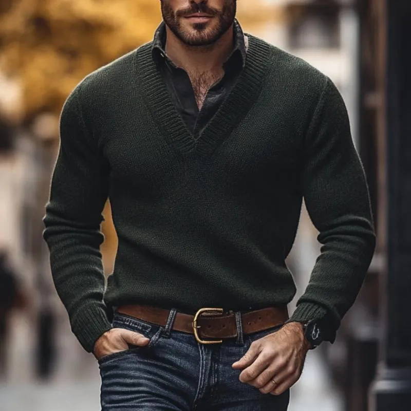 Men's Vintage V Neck Solid Color Loose Knit Sweater 14300728M sold by Manly product image thumbnail 2