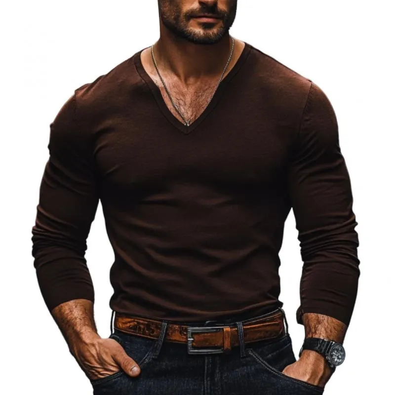 Men's Casual Solid Color Cotton V-neck Slim Fit Long Sleeve T-shirt 37402299M sold by Manly