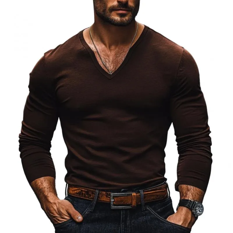 Men's Casual Solid Color Cotton V-neck Slim Fit Long Sleeve T-shirt 37402299M sold by Manly