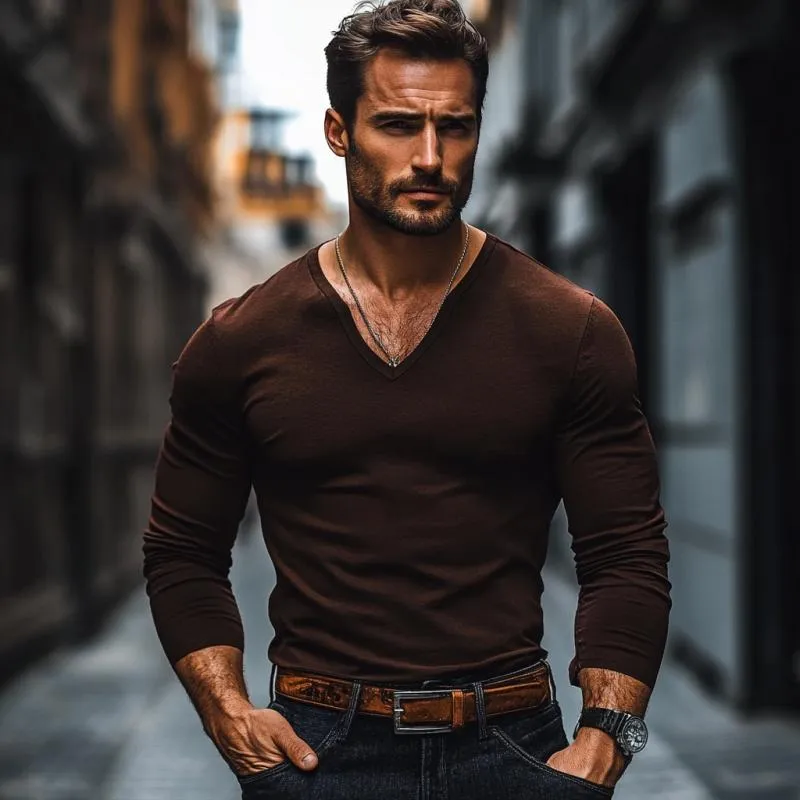 Men's Casual Solid Color Cotton V-neck Slim Fit Long Sleeve T-shirt 37402299M sold by Manly product image thumbnail 3