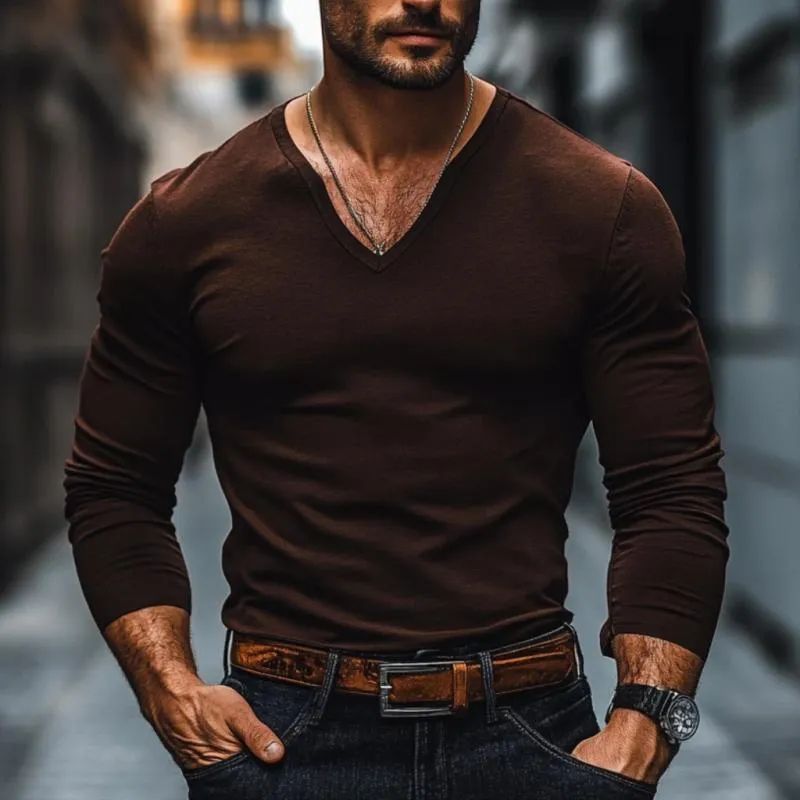 Men's Casual Solid Color Cotton V-neck Slim Fit Long Sleeve T-shirt 37402299M sold by Manly product image thumbnail 2