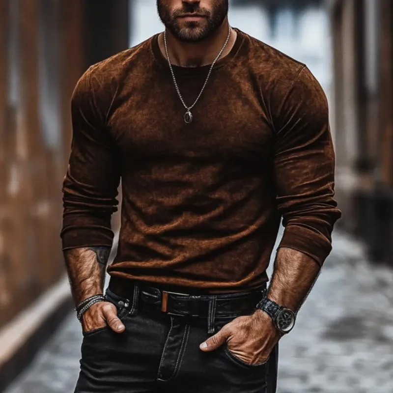 Men's Vintage Suede Round Neck Slim Fit Long Sleeve T-Shirt 93611754M sold by Manly product image thumbnail 2