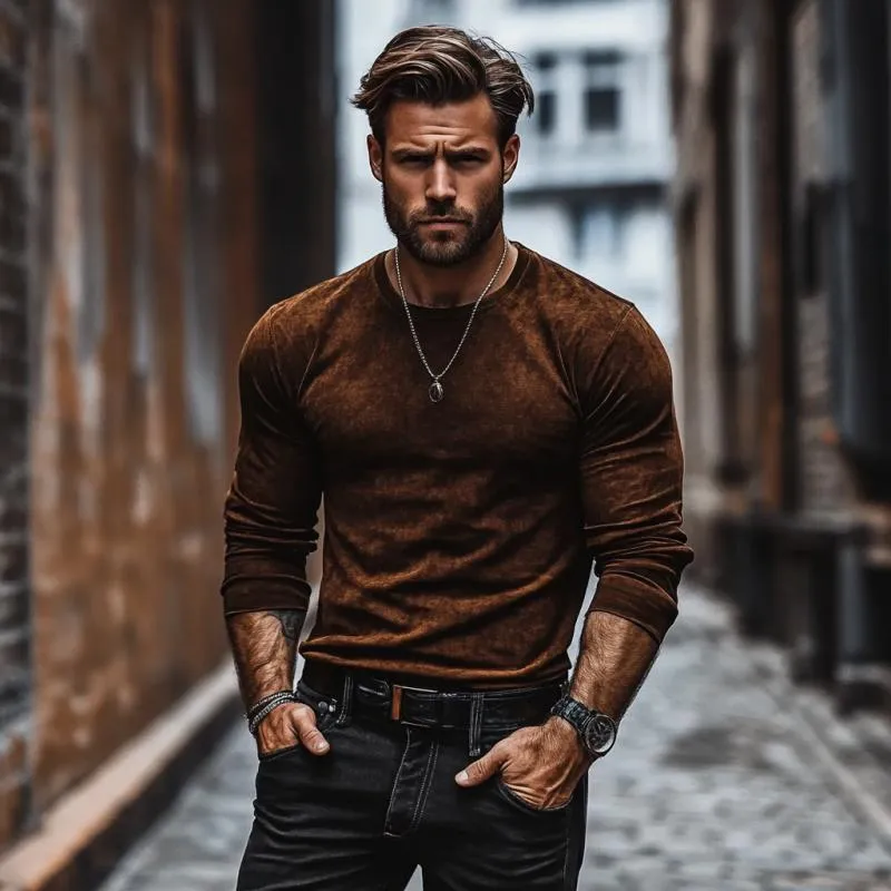 Men's Vintage Suede Round Neck Slim Fit Long Sleeve T-Shirt 93611754M sold by Manly product image thumbnail 3