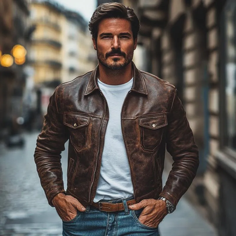 Men's Vintage Leather Distressed Lapel Zipper Slim Fit Jacket 92670842M sold by Manly product image thumbnail 3