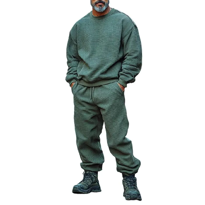 Men's Casual Waffle Round Neck Pullover Sweatshirt and Casual Pants Two-piece Set 29208272F sold by Manly