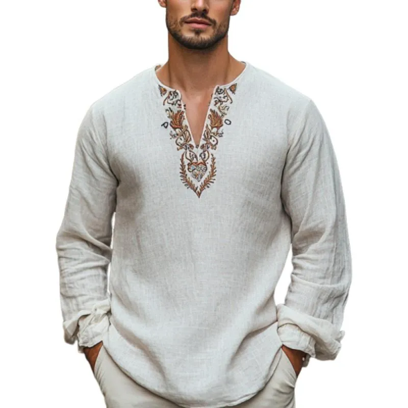 Men's Classic Vintage V-Neck Embroidered Linen Long Sleeve Shirt 93995209K sold by Manly