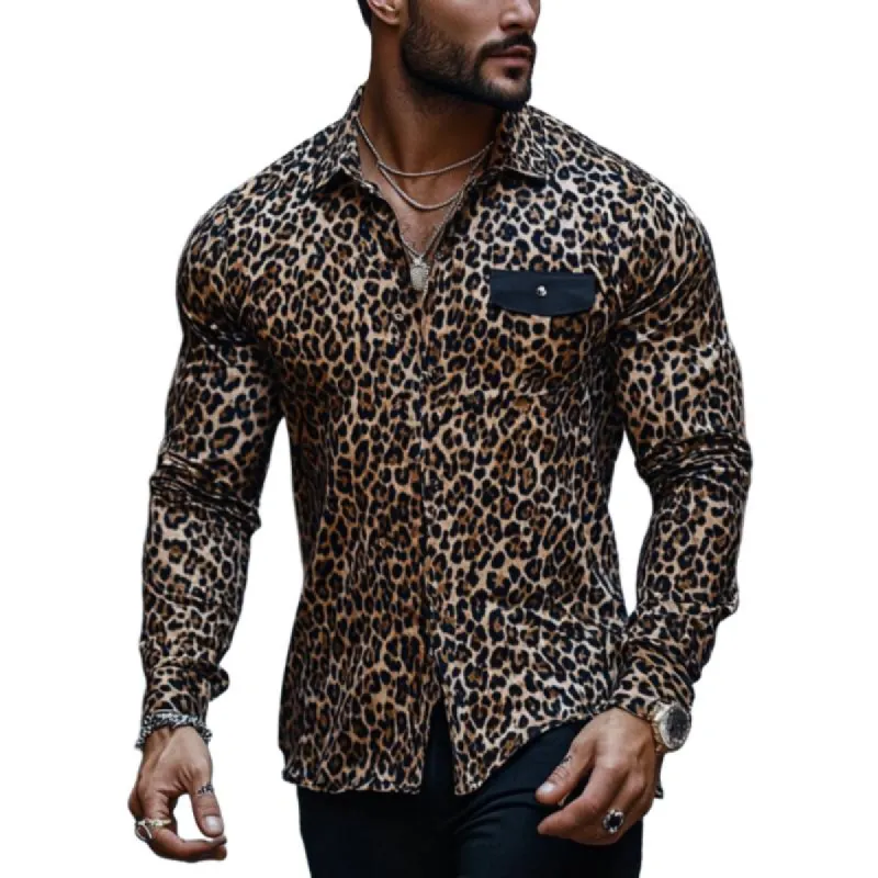 Men's Casual Fashion Print Leopard Pocket Slim Fit Long Sleeve Shirt 82339907K sold by Manly