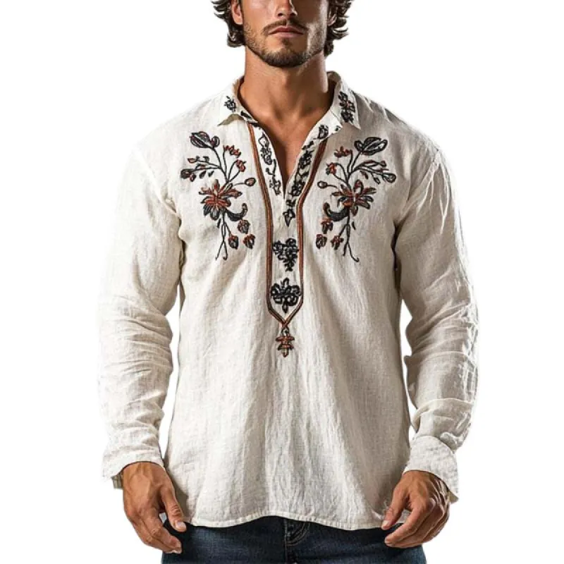 Men's Classic Vintage V-Neck Embroidered Linen Long Sleeve Shirt 41767089K sold by Manly