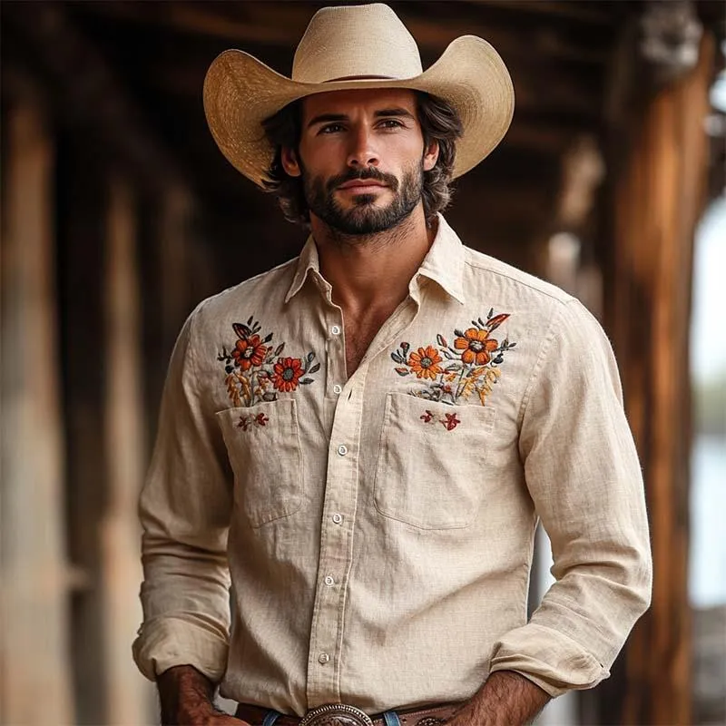 Men's Classic Vintage Embroidered Linen Long Sleeve Shirt 45696862K sold by Manly product image thumbnail 3