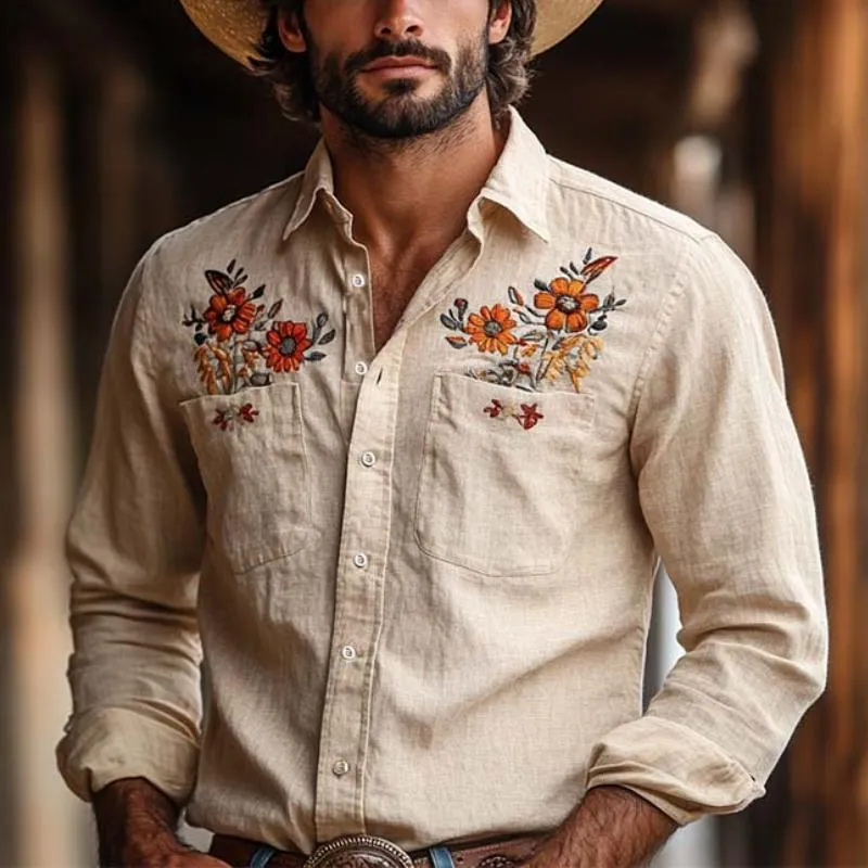Men's Classic Vintage Embroidered Linen Long Sleeve Shirt 45696862K sold by Manly product image thumbnail 2
