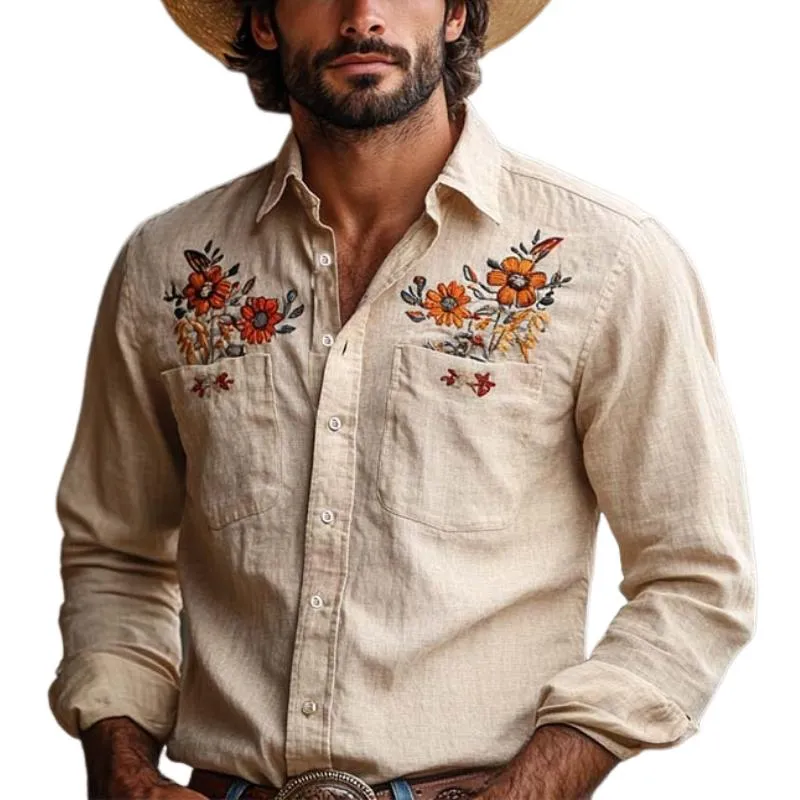 Men's Classic Vintage Embroidered Linen Long Sleeve Shirt 45696862K sold by Manly