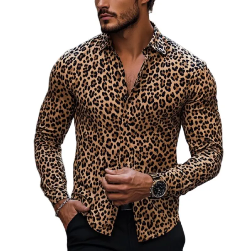 Men's Casual Fashionable Printed Leopard Slim Fit Long Sleeve Shirt 89994446K sold by Manly