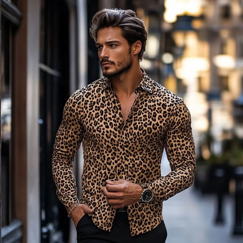 Men's Casual Fashionable Printed Leopard Slim Fit Long Sleeve Shirt 89994446K sold by Manly product image thumbnail 3