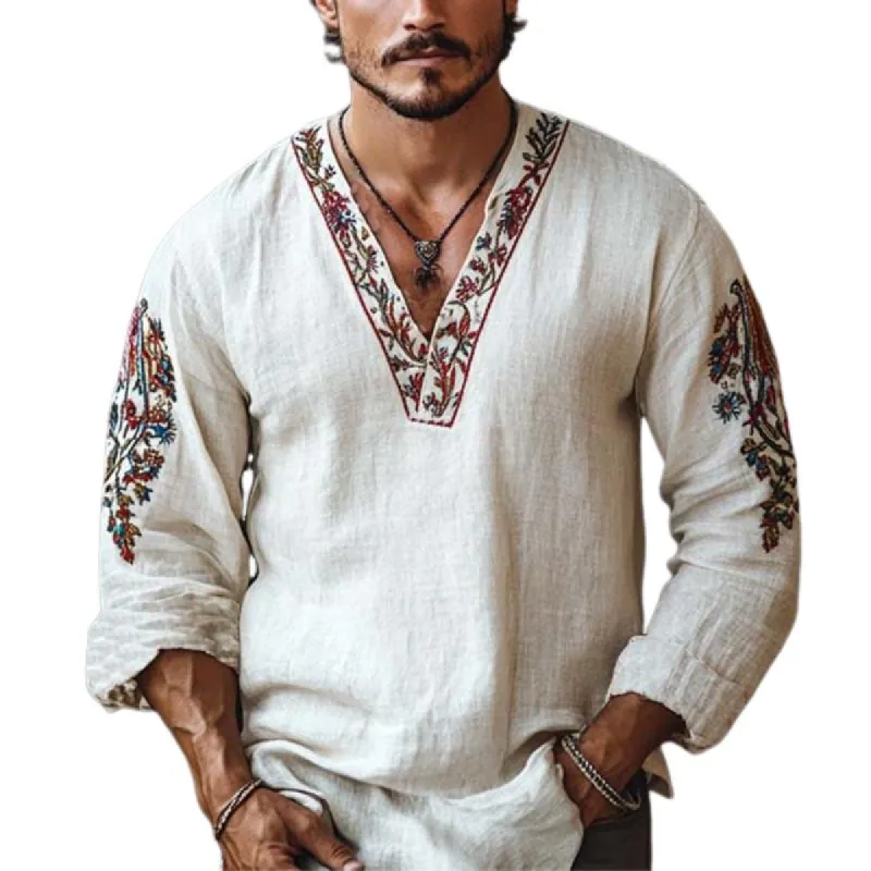Men's Classic Vintage V-Neck Embroidered Linen Long Sleeve Shirt 89533212K sold by Manly