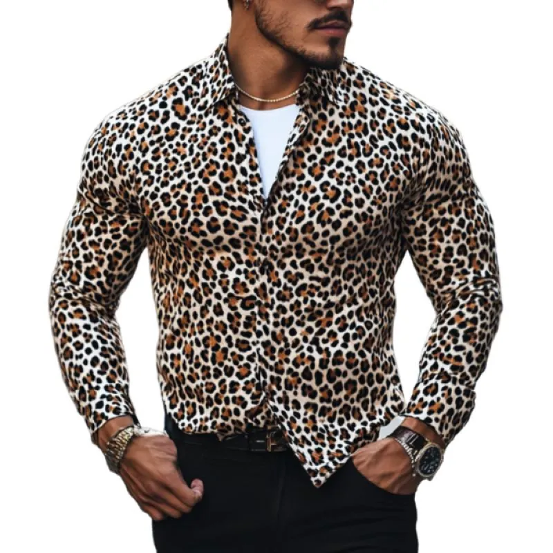 Men's Classic Casual Printed Leopard Satin Long Sleeve Shirt 94533590K sold by Manly