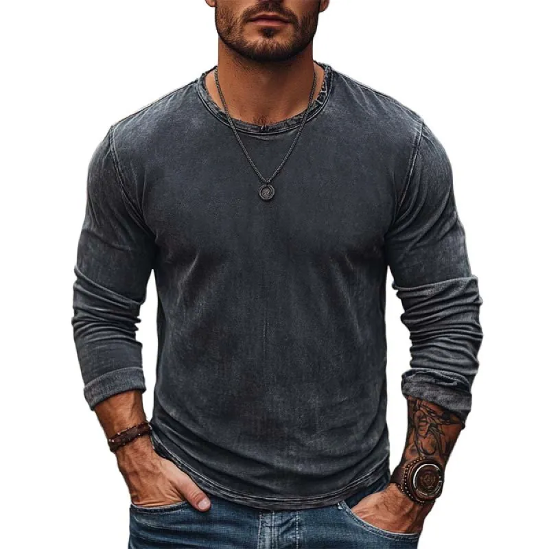 Men's Classic Casual Washed Distressed Round Neck Long Sleeve T-shirt 75414306K sold by Manly