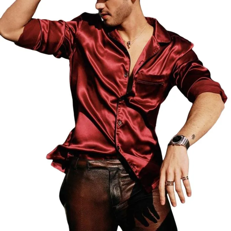 Men's Vintage Satin Lapel Loose Long Sleeve Shirt 83256144M sold by Manly