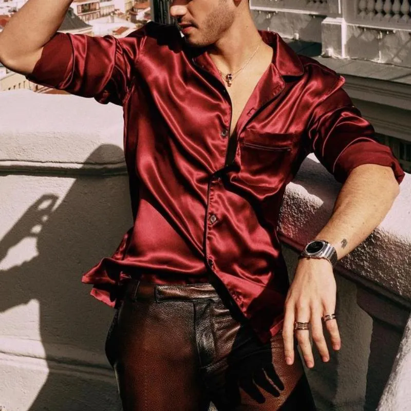 Men's Vintage Satin Lapel Loose Long Sleeve Shirt 83256144M sold by Manly product image thumbnail 2