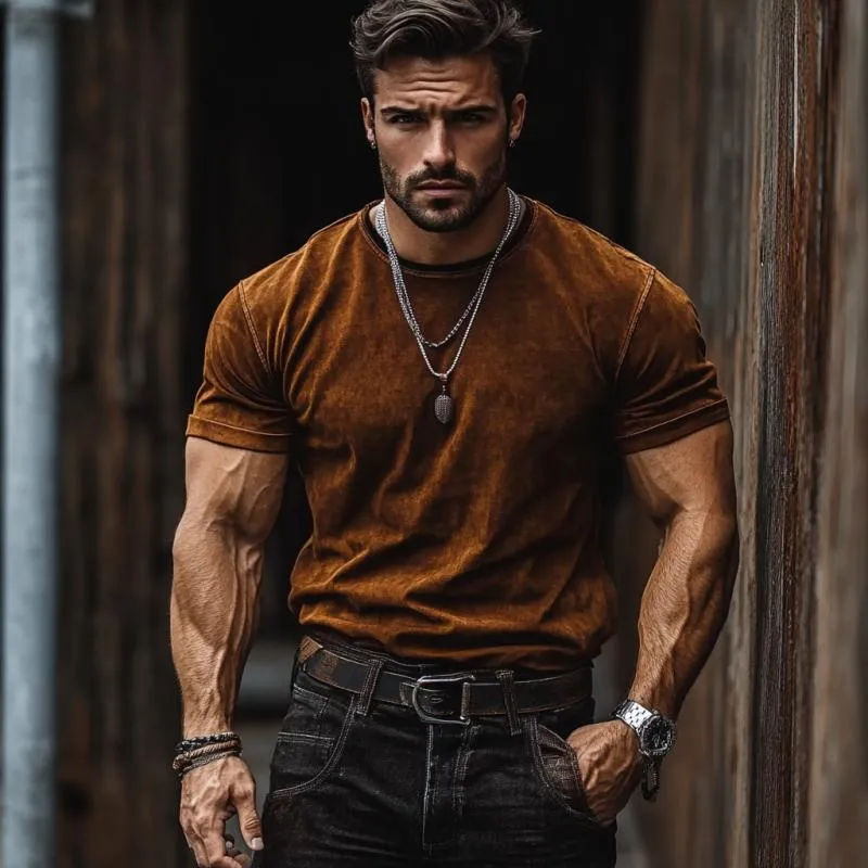 Men's Vintage Suede Round Neck Slim Short Sleeve T-Shirt 51115268M sold by Manly product image thumbnail 3