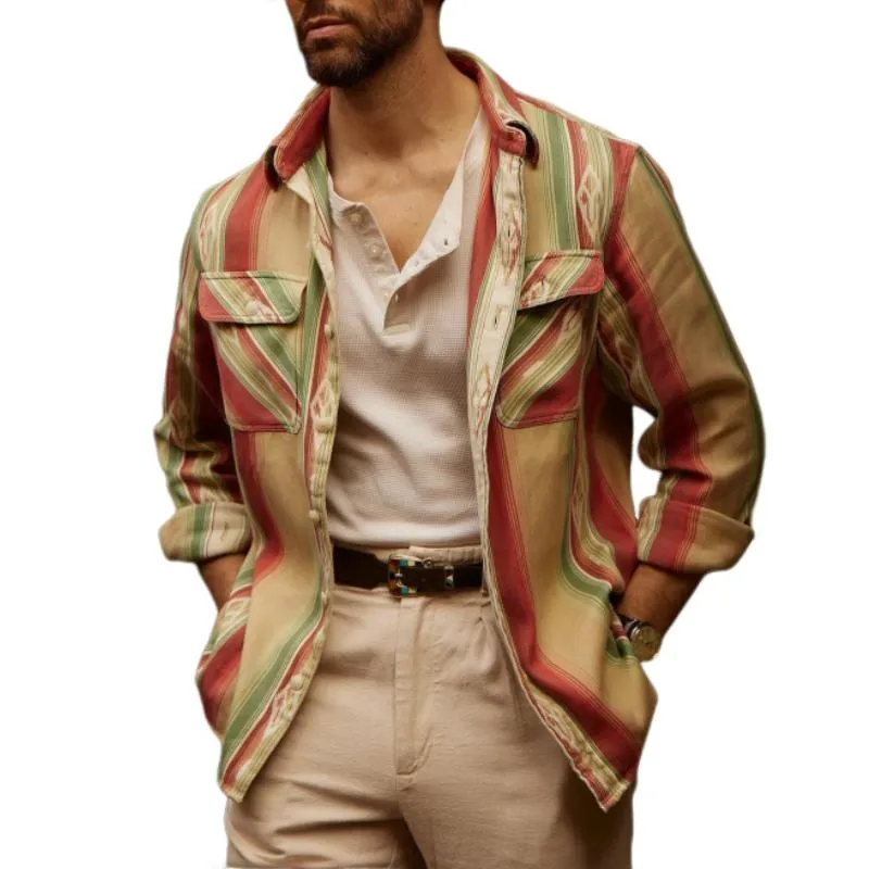 Men's Classic Trendy Denim Stripe Print Long Sleeve Shirt 53458776K sold by Manly