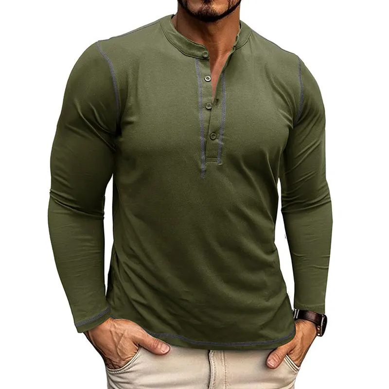 Men's Solid Color Henley Collar Long Sleeve T-shirt 98124567Z sold by Manly