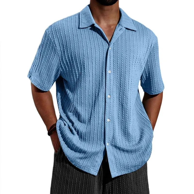 Men's Solid Color Textured Lapel Short Sleeve Loose Shirt 83374169Z sold by Manly