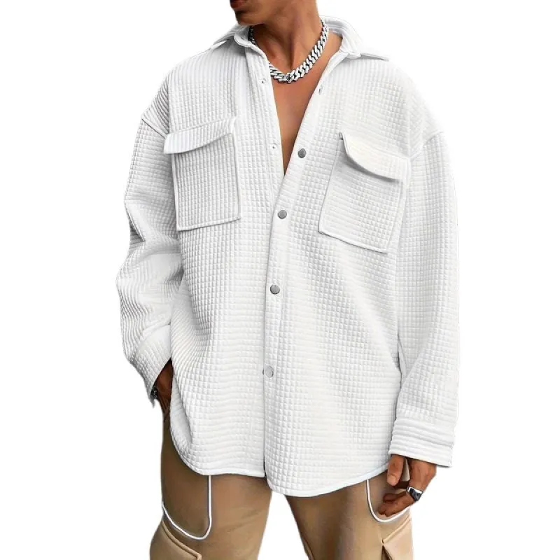 Men's Solid Color Waffle Lapel Long Sleeve Loose Shirt 03164894Z sold by Manly