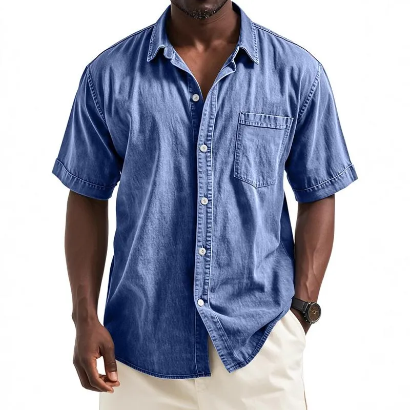 Men's Solid Color Loose Lapel Chest Pocket Short Sleeve Shirt 82452135Z sold by Manly