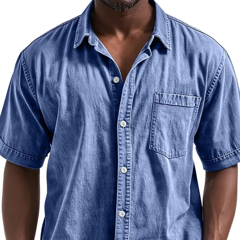 Men's Solid Color Loose Lapel Chest Pocket Short Sleeve Shirt 82452135Z sold by Manly product image thumbnail 2