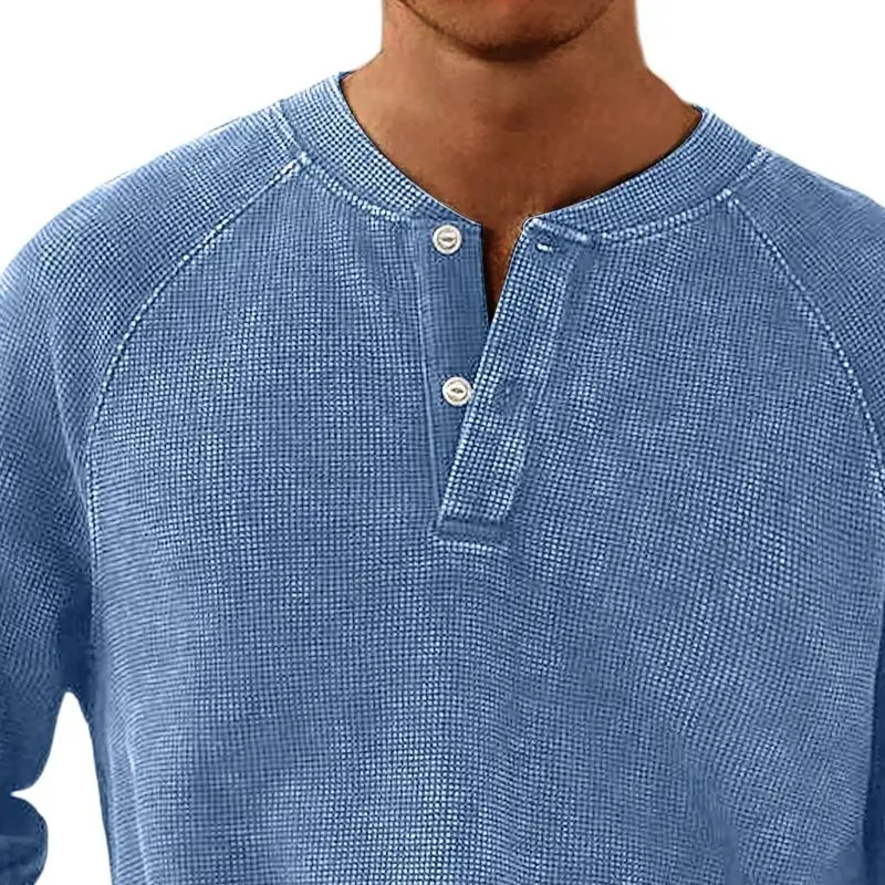 Men's Solid Color Waffle Henley Collar Long Sleeve Casual T-shirt 41869652Z sold by Manly product image thumbnail 2